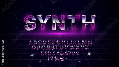 Retrowave synthwave vaporwave font in 1980s style. Retrowave design letters, numbers, symbols with polygonal laser grid and set of lens flare. Eps 10