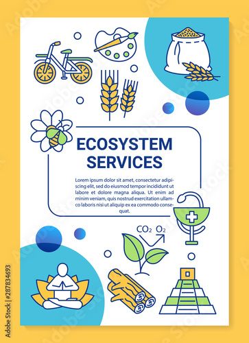 Ecosystem services poster template layout. Eco food harvesting. Sport activity. Banner, booklet, leaflet print design with linear icons. Vector brochure page layouts for magazines, advertising flyers