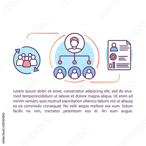 Employment service article page vector template. HR management. Candidate sourcing. Brochure, magazine, booklet design element with linear icons and text. Print design. Concept illustrations