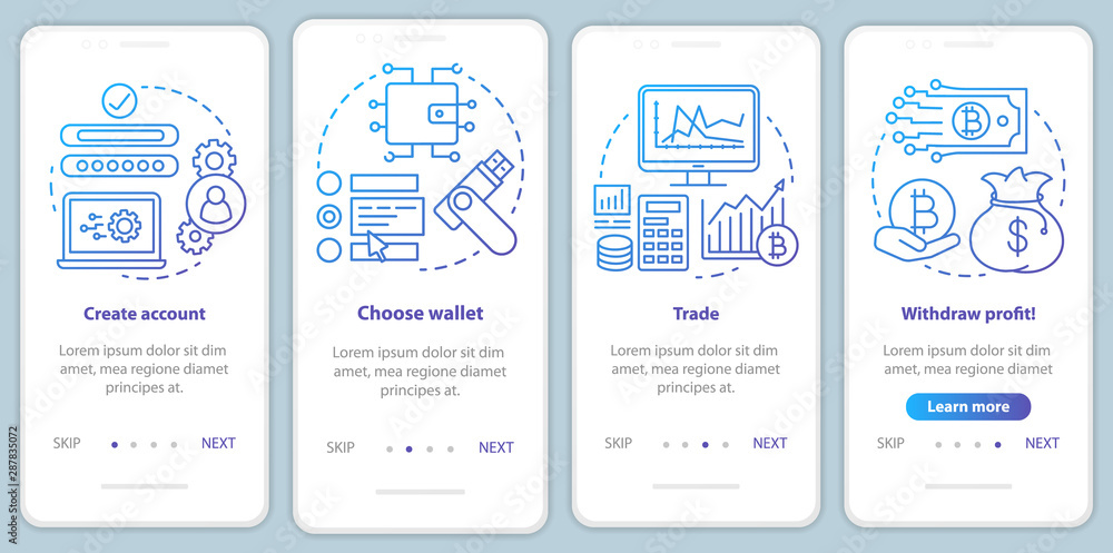 Cryptocurrency trading platform onboarding mobile app page screen with linear concepts. Crypto exchange service walkthrough blue gradient graphic instructions. UX, UI, GUI template with illustrations