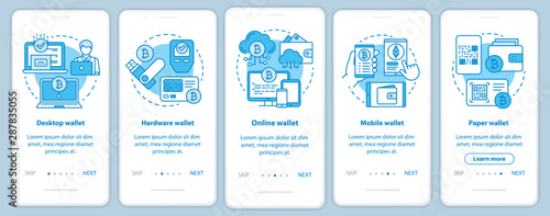 Cryptocurrency wallets types onboarding mobile app page screen with linear concepts. Electronic bitcoin currency transactions walkthrough blue steps graphic instructions. UX, UI, GUI vector template