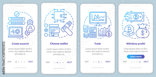 Cryptocurrency trading platform onboarding mobile app page screen with linear concepts. Crypto exchange service walkthrough blue gradient graphic instructions. UX, UI, GUI template with illustrations