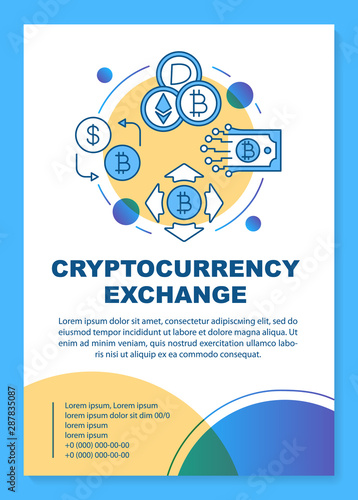 Cryptocurrency exchange service poster template layout. Crypto mining. Virtual money transaction. Banner, booklet, leaflet print design with icons. Vector brochure page layouts for magazines, flyers