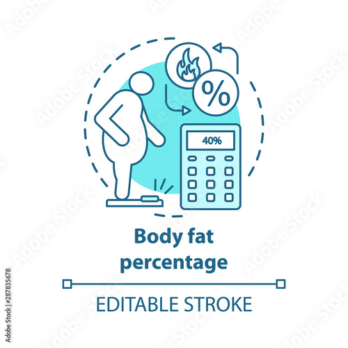 Body fat level control concept icon. Overweight patient on scales idea thin line illustration. Person suffering from obesity. Fat percent calculator. Vector isolated outline drawing. Editable stroke