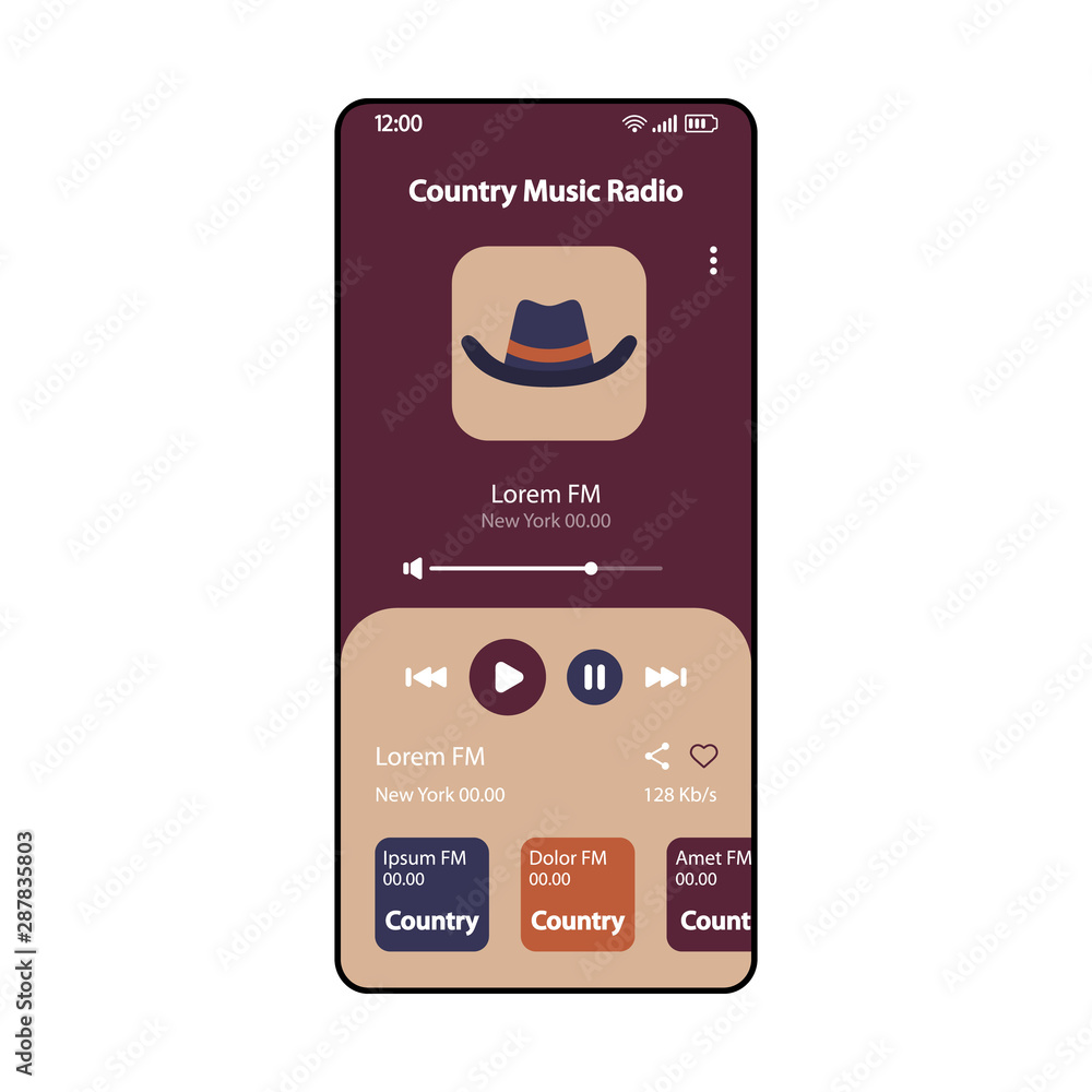 Country music FM radio smartphone interface vector template. Mobile app  page retro design layout. Western cowboy songs albums listening screen.  Flat UI for application. Music player. Phone display Stock Vector | Adobe
