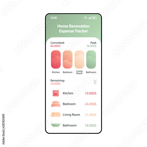 Renovation budget tracker smartphone interface vector template. Mobile expense tracking app page modern design layout. Home repair spending manager screen. Flat UI for application. Phone display