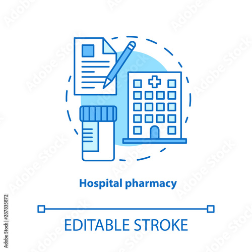 Hospital pharmacy concept icon. Medication idea thin line illustration. Intensive care pharmaceutical treatment. Ambulatory care prescription. Vector isolated outline drawing. Editable stroke