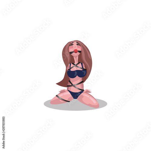 BDSM slave woman. Raster illustration in flat cartoon style