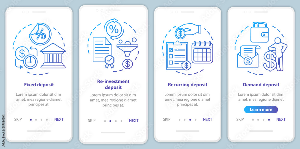 Savings, deposit investment onboarding mobile app page screen vector template. Different deposit types. Walkthrough website steps with linear illustrations. UX, UI, GUI smartphone interface concept