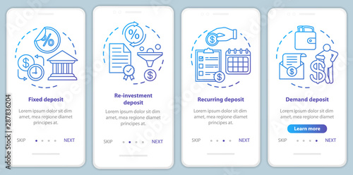 Savings, deposit investment onboarding mobile app page screen vector template. Different deposit types. Walkthrough website steps with linear illustrations. UX, UI, GUI smartphone interface concept