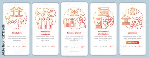 Political revolution onboarding mobile app page screen vector template. Civil unrest and social protest walkthrough website steps with linear illustrations. UX, UI, GUI smartphone interface concept