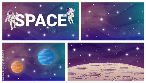 Space flat vector illustrations set. Moon and gas giants. Stars and planet in cosmos backdrop design. Celestial bodies. Cosmonauts cartoon characters with outline elements on gradient background