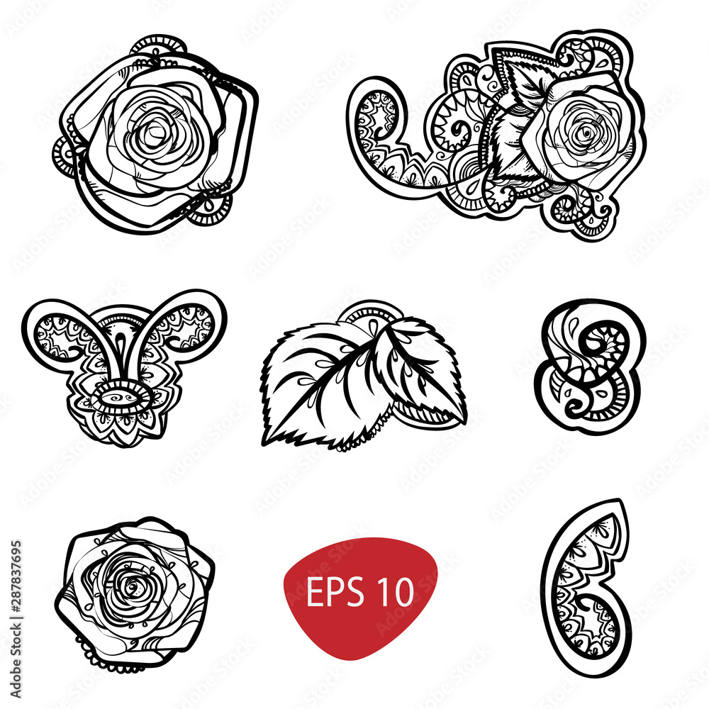 roses contour line art doodle set design, black and white indian mehndi tatoo elements. isolated on white roses contour line art doodle set design, black and white indian mehndi tatoo elements. isolated on white