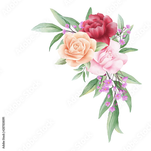Watercolor flowers arrangements decorative. Floral illustration of red roses, peonies, leaf, bud, and branches. Wedding invitation or greeting cards border composition