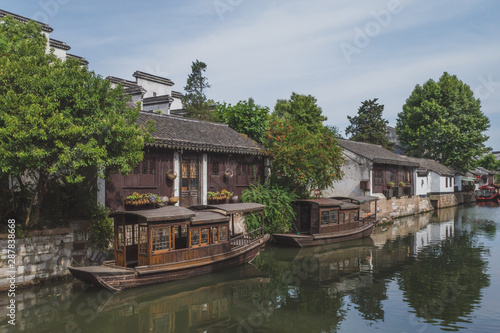 Chinese houses and boats in old town of Nanxun, China