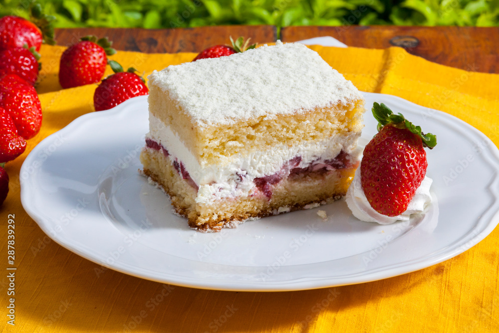 portion of strawberry food cake portion of strawberry food cake