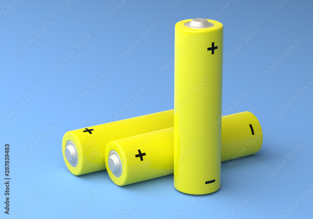Two yellow AA size batteries isolated on blue background in pastel colors. Alkaline battery. Minimal concept. 3d render illustration Two yellow AA size batteries isolated on blue background in pastel colors. Alkaline battery. Minimal concept. 3d render illustration