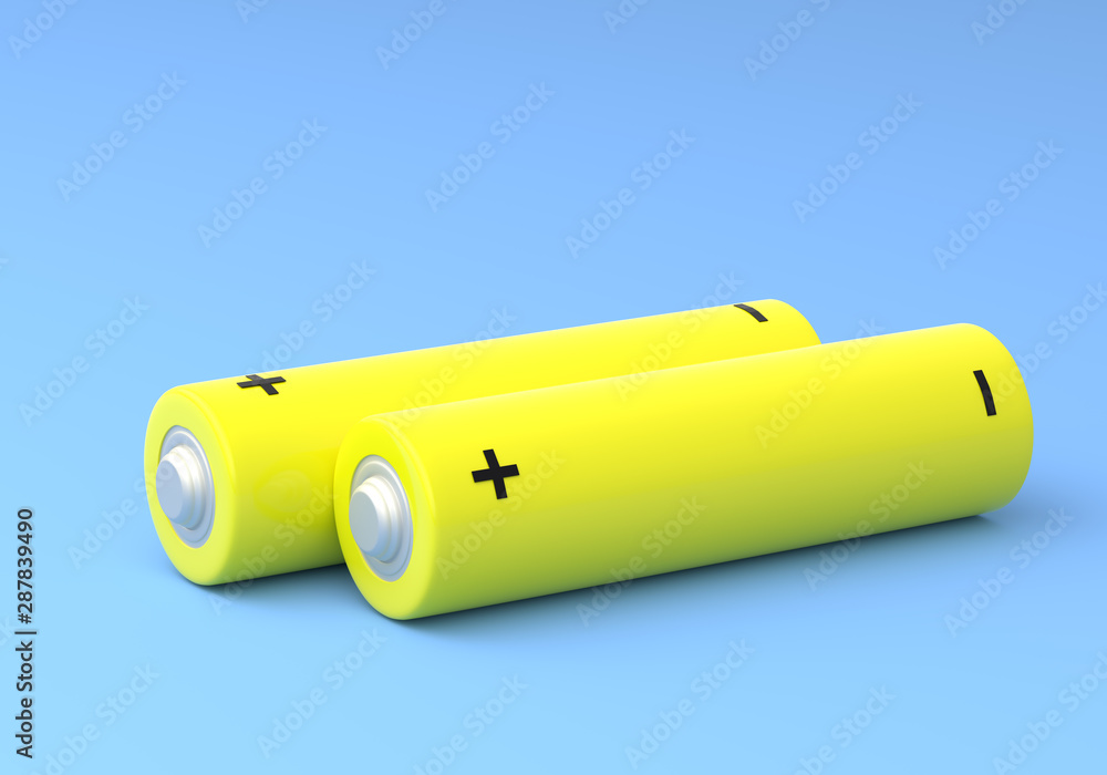 Two yellow AA size batteries isolated on blue background in pastel colors. Alkaline battery. Minimal concept. 3d render illustration Two yellow AA size batteries isolated on blue background in pastel colors. Alkaline battery. Minimal concept. 3d render illustration