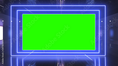 Abstract creative metal stage and led, neon blank billboard, border. Video mock up for advertisement, green screen alpha channel and tracking markers.