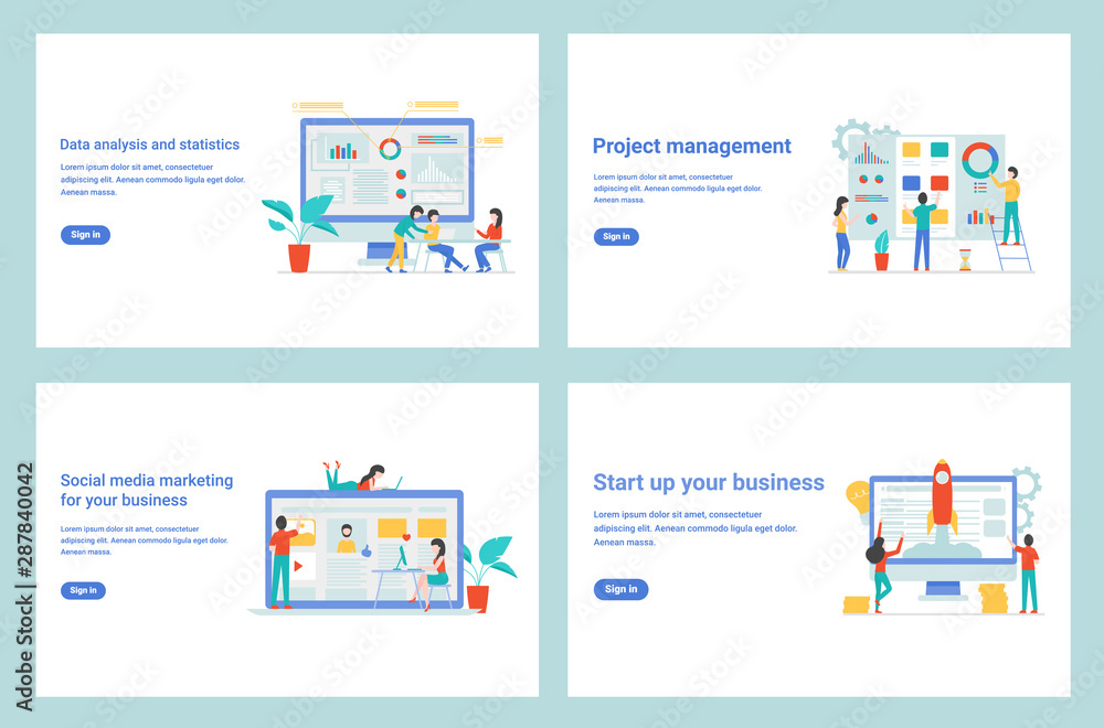 Set of flat design concept marketing for banner and website, landing page template. Content analysis and statistics, project management, start up business and social media marketing pages. Set of flat design concept marketing for banner and website, landing page template. Content analysis and statistics, project management, start up business and social media marketing pages.