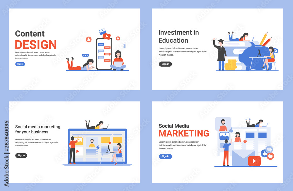 Content design, social media marketing for your business, investment in education. Set flat concept vector modern illustrations for landing page, web, poster, banner, flyer, layout, template, site.