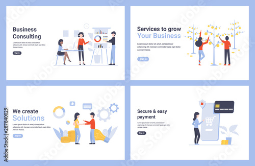 Set flat concept vector modern illustrations for landing page, web, poster, banner, flyer, layout, template. Service to grow your business, secure and ease payment, solutions. 