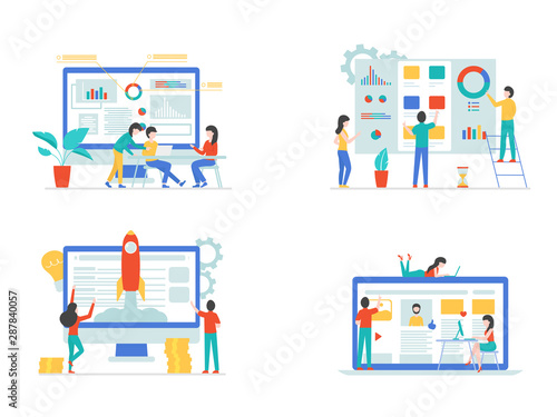 Set of flat design concept marketing for banner and website, landing page template. Content analysis and statistics, project management, start up business and social media marketing pages.