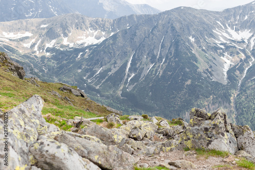 Stone landscape, Standing empty on top of a mountain view. Trekking and tourism concept. High mountain landscapes.