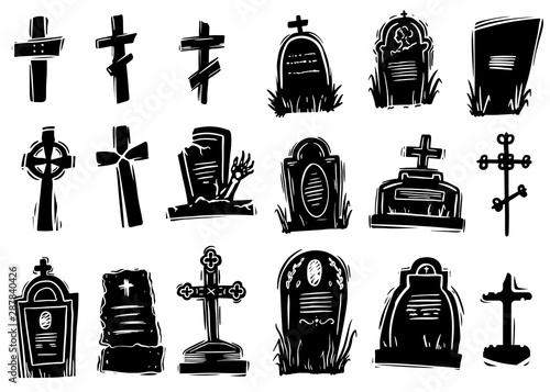 Scary gravestones hand drawn silhouette illustrations set