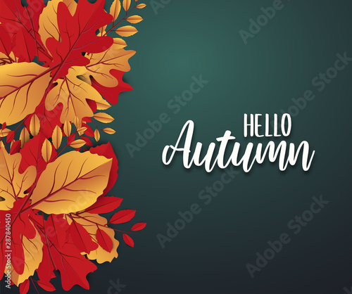 Abstract colorful leaves decorated background for Hello Autumn advertising header or banner design. Paper cut art design. Vector Illustration.