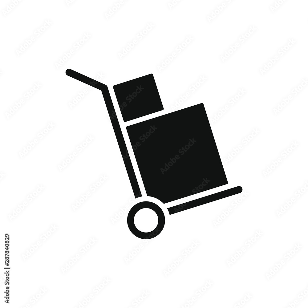 Handcart icon with a box. Wheelbarrow for transportation of cargo. Vector illustration Handcart icon with a box. Wheelbarrow for transportation of cargo. Vector illustration