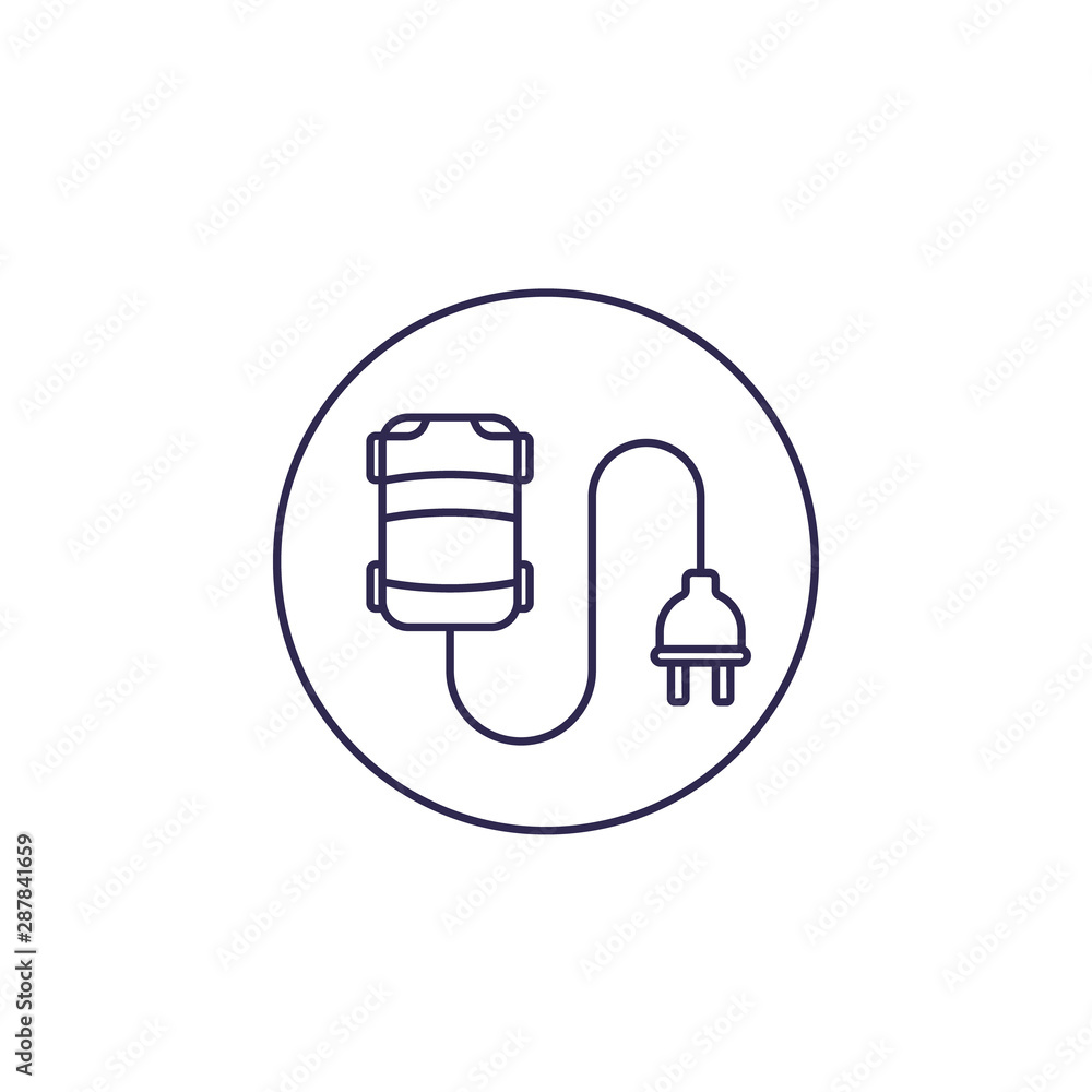 electric car line icon with plug, top view electric car line icon with plug, top view