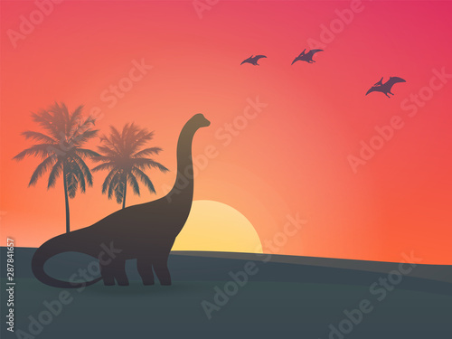 dinosaur, sauropod at sunset vector illustration