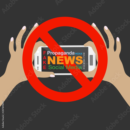 Hands holding mobile phone. Text in world cloud format on mobile screen. Stop Sign. Creative conceptual illustration for spreading awareness, and to stop spreading false fake news on social media.