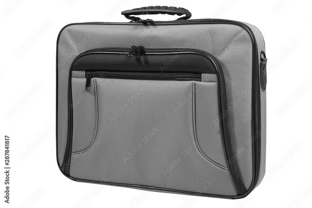 Laptop bag in gray color, front view, isolated on white background
