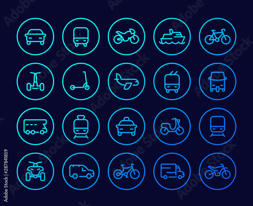 Transport line icons set, cars, van, bike, motorbike, bus, train, airplane, taxi, tuk tuk and quad bike