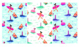 patterns without seams girls in swimsuit sunbathing on the beach or surf floats on a rubber disc with a Flamingo