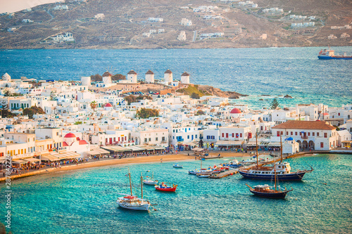 View of traditional greek village with white houses on Mykonos Island, Greece,