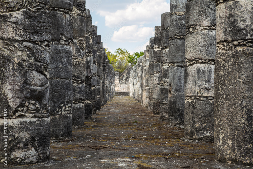 Beautiful columns of Chichen Itza UNESCO heritage. Yucatan, Mexico