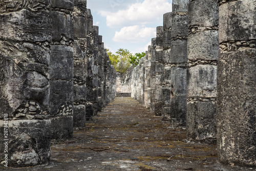 Beautiful columns of Chichen Itza UNESCO heritage. Yucatan  Mexico