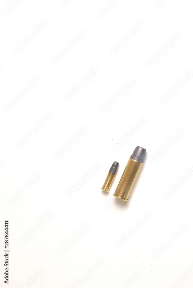Two bullets of different caliber, one is a .22, the other a .44 Magnum heavyweight. Two bullets of different caliber, one is a .22, the other a .44 Magnum heavyweight.