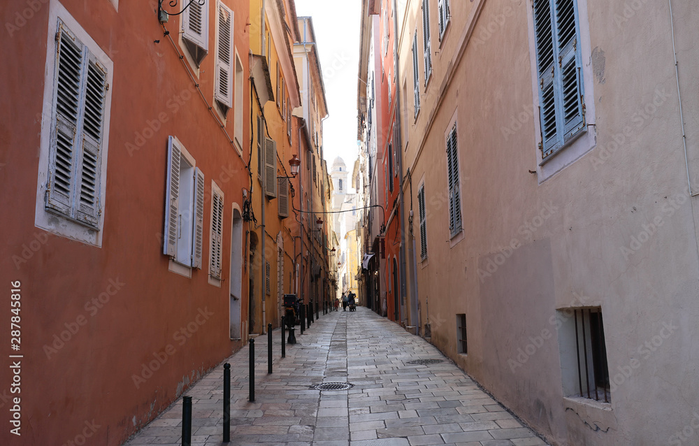 Narrow pedestrian street in the city of Bastia, Corsica, France