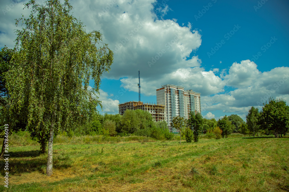 ecology green city picture of suburban building construction scene on park outdoor natural environment foreground with meadow and birch tree