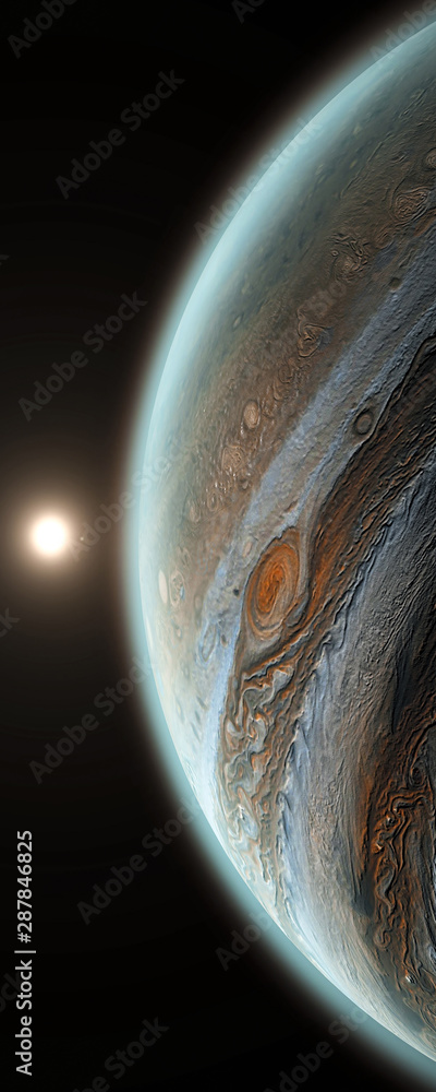 Jupiter planet with rising sun in space, close up shot. Sun is behind of universe's, solar system's giant, beautiful planet Jupiter with shadow 3D illustration vertical banner. - obrazy, fototapety, plakaty 