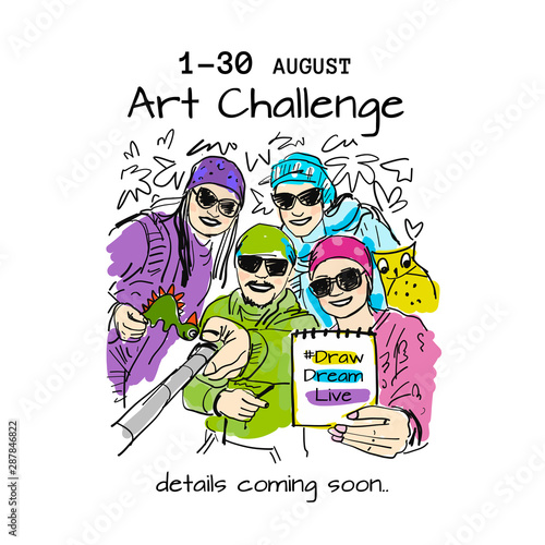 Friends taking selfie photo together, sketch for your design