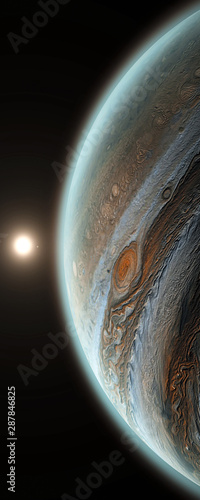 Jupiter planet with rising sun in space, close up shot. Sun is behind of universe's, solar system's giant, beautiful planet Jupiter with shadow 3D illustration vertical banner.