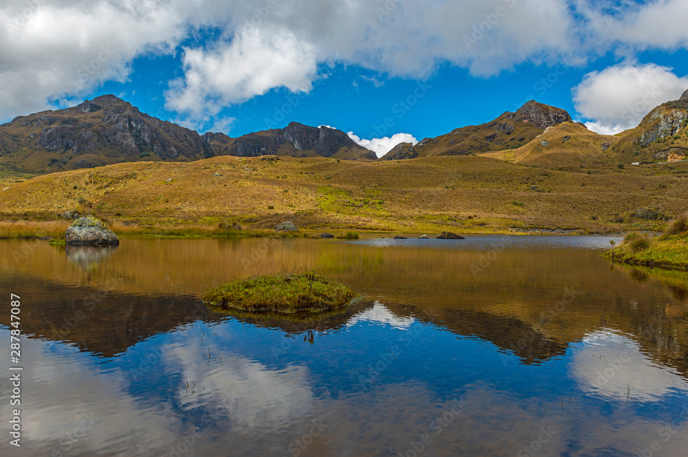Reflection of the Andes mountain range in one of the many lagoons inside Cajas national park outside of Cuenca, Ecuador.