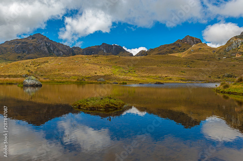 Reflection of the Andes mountain range in one of the many lagoons inside Cajas national park outside of Cuenca, Ecuador.