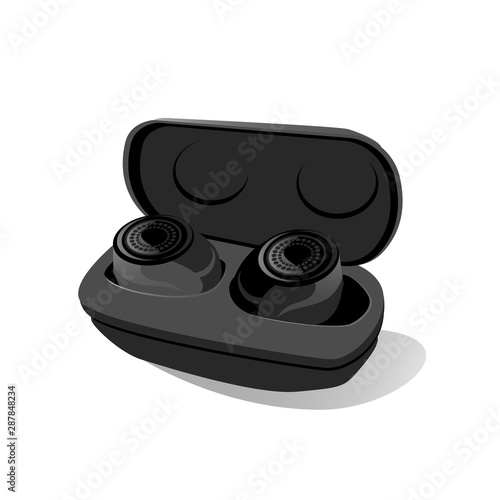 Wireless earbuds in black color. Small Earphones in case. Dark theme. Modern gadget device for listen music in opened box. free hands technology. vector illustration isolated