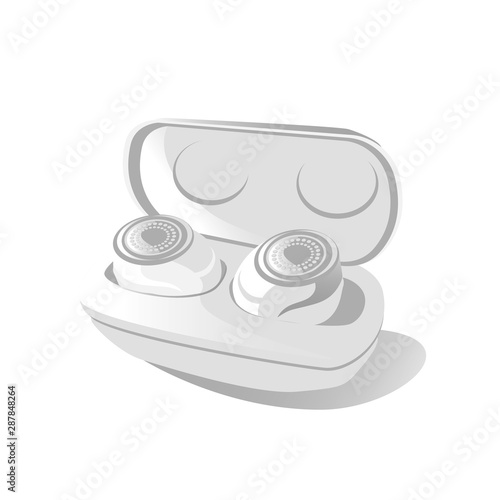 Wireless earbuds in case light clean design. free hands technology. Small Earphones in box. Modern gadget device for listen music in opened casing. vector illustration isolated